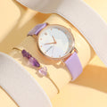 No gift box; cute cartoon cat belt quartz watch   purple crystal bead bracelet 2-piece set