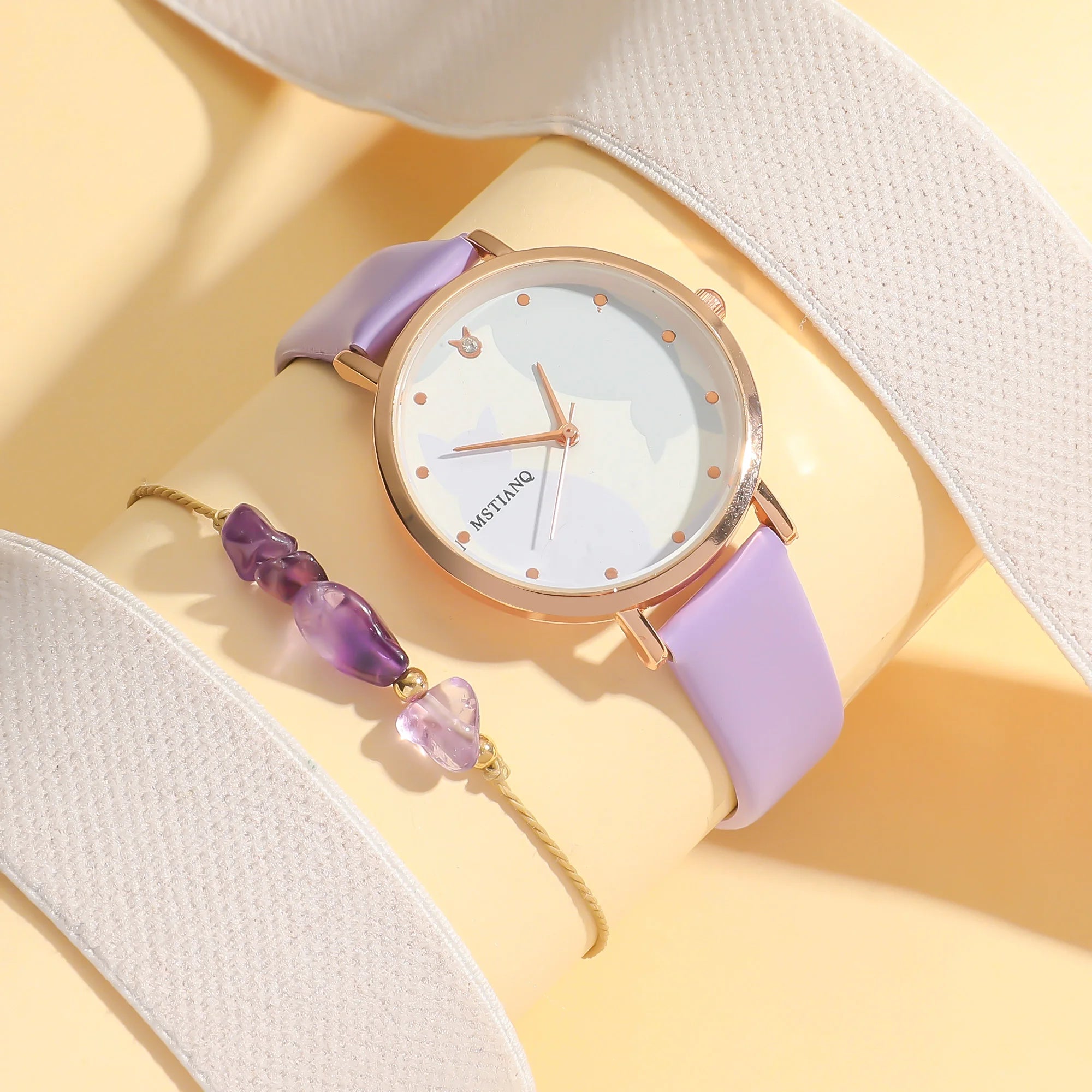 No gift box; cute cartoon cat belt quartz watch   purple crystal bead bracelet 2-piece set