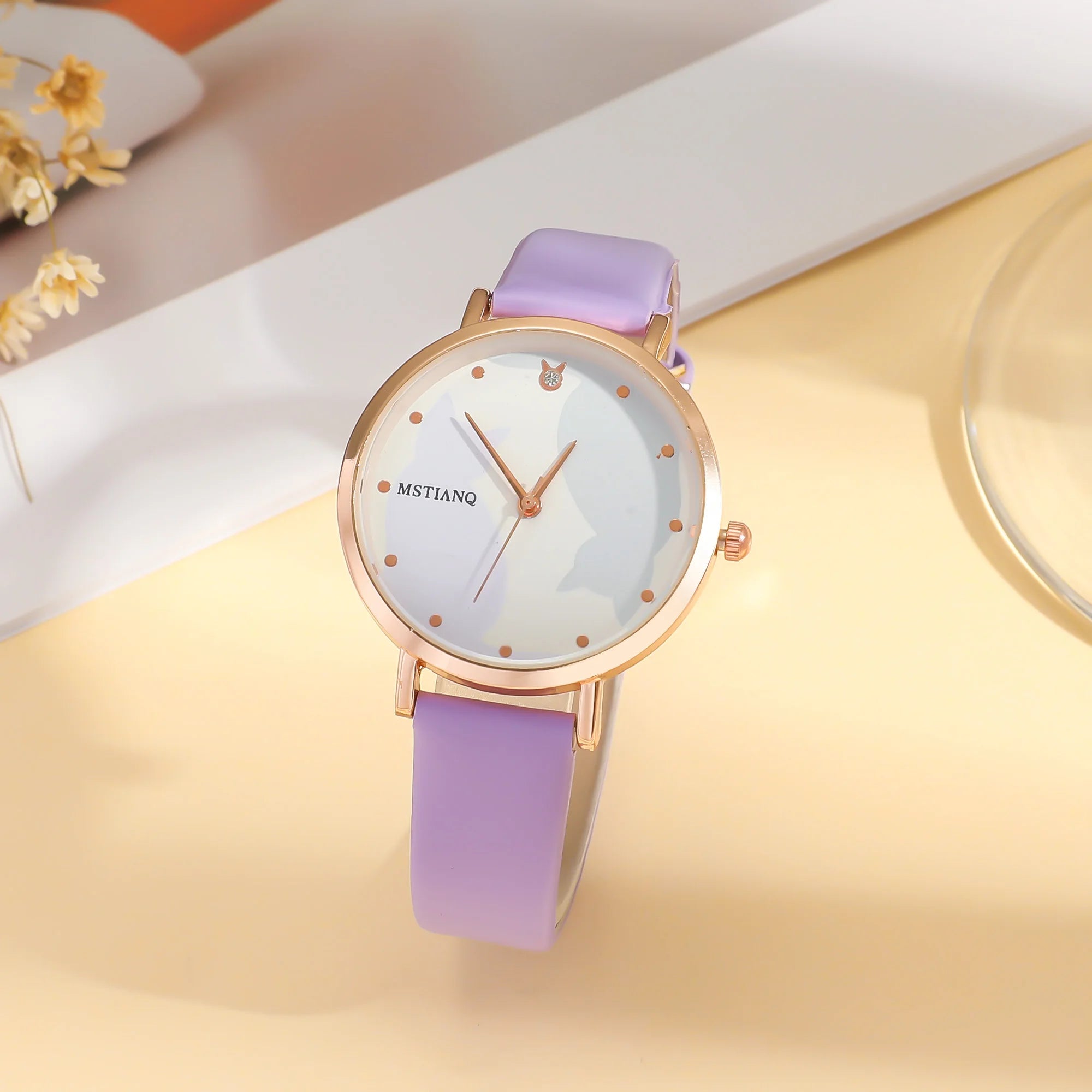 No gift box; cute cartoon cat belt quartz watch   purple crystal bead bracelet 2-piece set