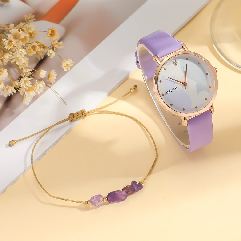 No gift box; cute cartoon cat belt quartz watch   purple crystal bead bracelet 2-piece set