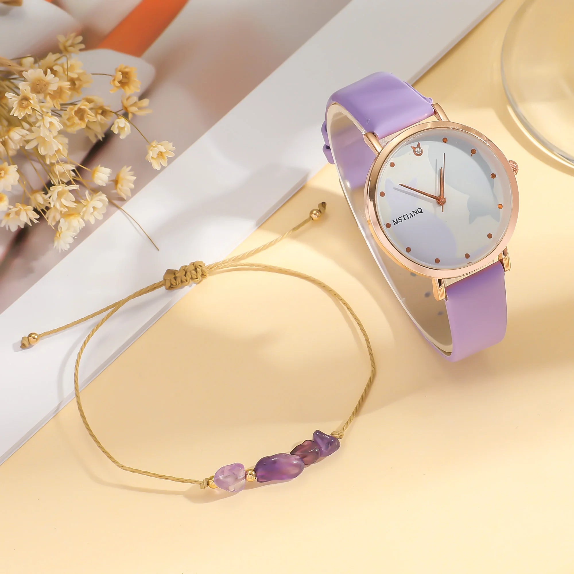 No gift box; cute cartoon cat belt quartz watch   purple crystal bead bracelet 2-piece set