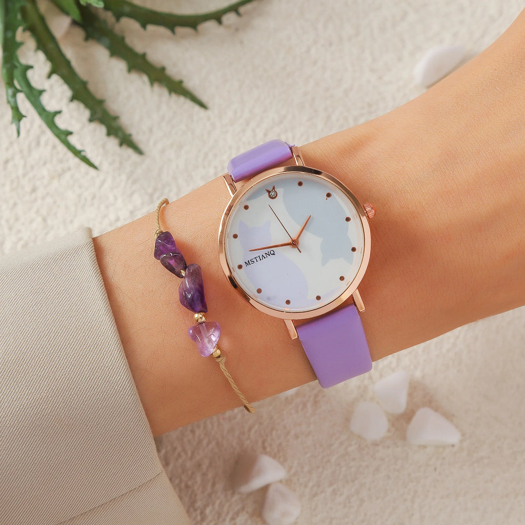 No gift box; cute cartoon cat belt quartz watch   purple crystal bead bracelet 2-piece set