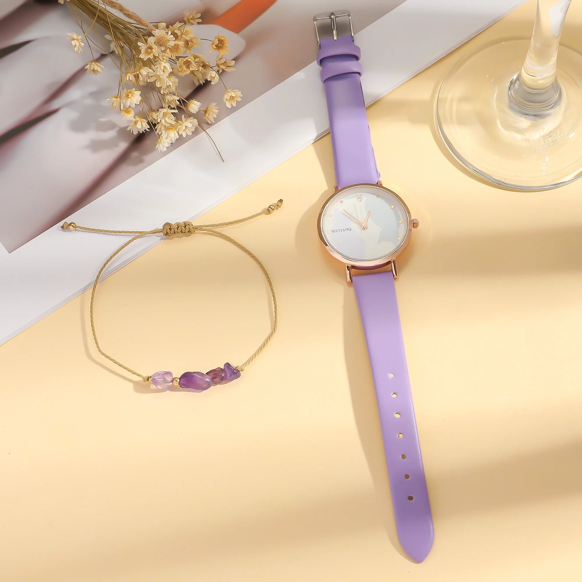 No gift box; cute cartoon cat belt quartz watch   purple crystal bead bracelet 2-piece set